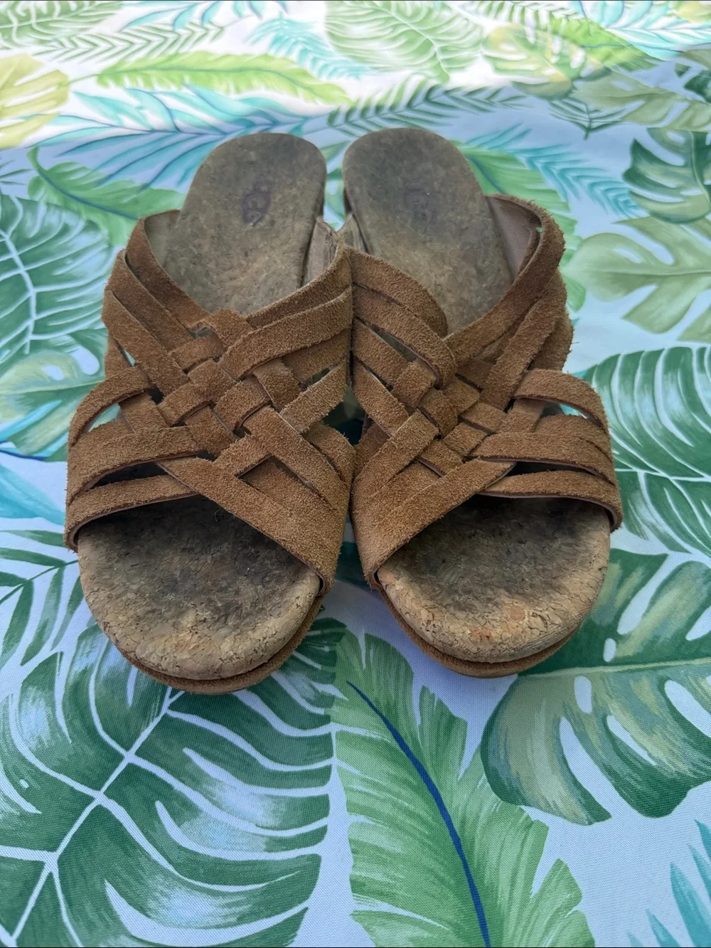 UGG cork wedge leather criss cross sandals sz 8 brown